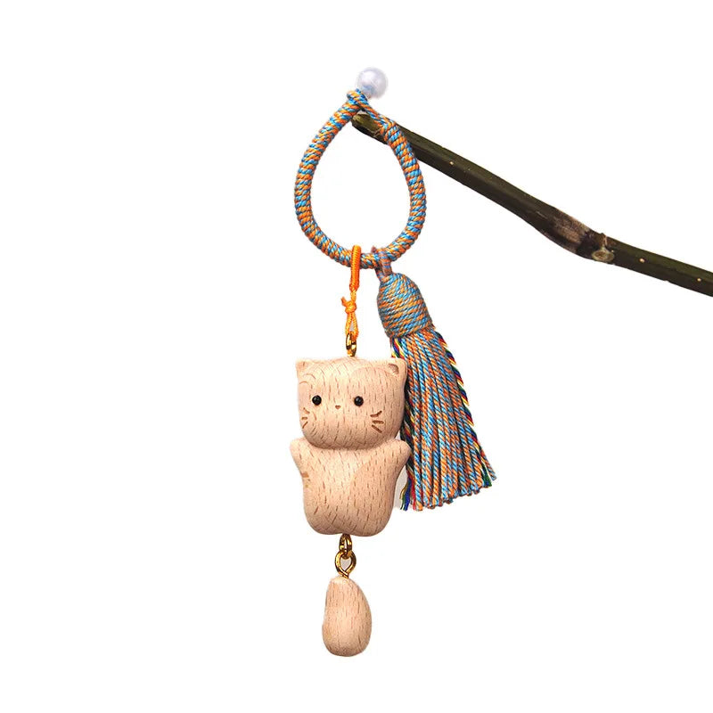 Wooden Cat Keychain Hand Carved Natural Wood Kitten Pendant Tassel Bag Charm Cute Animal Car Hanging Ornament Gift