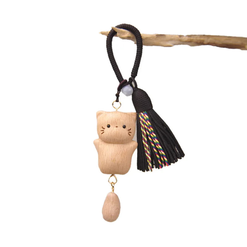 Wooden Cat Keychain Hand Carved Natural Wood Kitten Pendant Tassel Bag Charm Cute Animal Car Hanging Ornament Gift