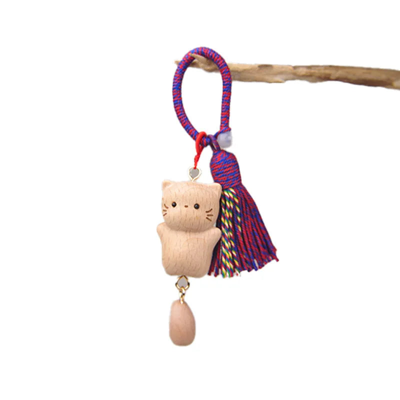 Wooden Cat Keychain Hand Carved Natural Wood Kitten Pendant Tassel Bag Charm Cute Animal Car Hanging Ornament Gift