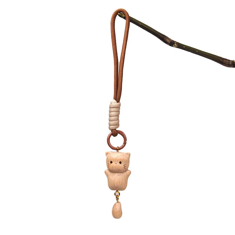 Wooden Cat Keychain Hand Carved Natural Wood Kitten Pendant Tassel Bag Charm Cute Animal Car Hanging Ornament Gift