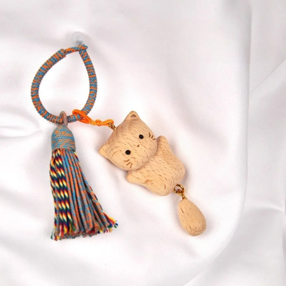 Wooden Cat Keychain Hand Carved Natural Wood Kitten Pendant Tassel Bag Charm Cute Animal Car Hanging Ornament Gift