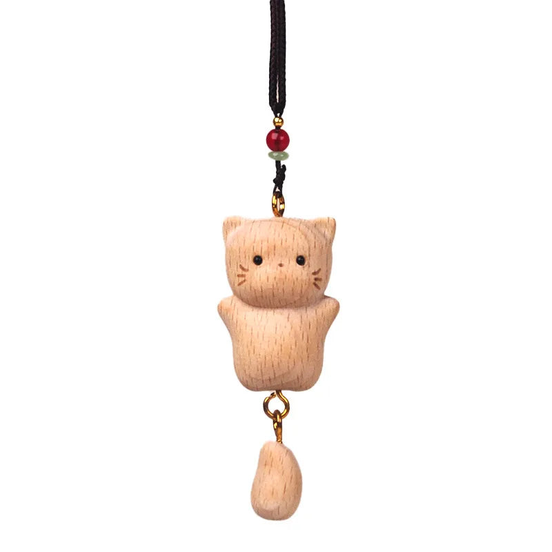 Wooden Cat Keychain Hand Carved Natural Wood Kitten Pendant Tassel Bag Charm Cute Animal Car Hanging Ornament Gift