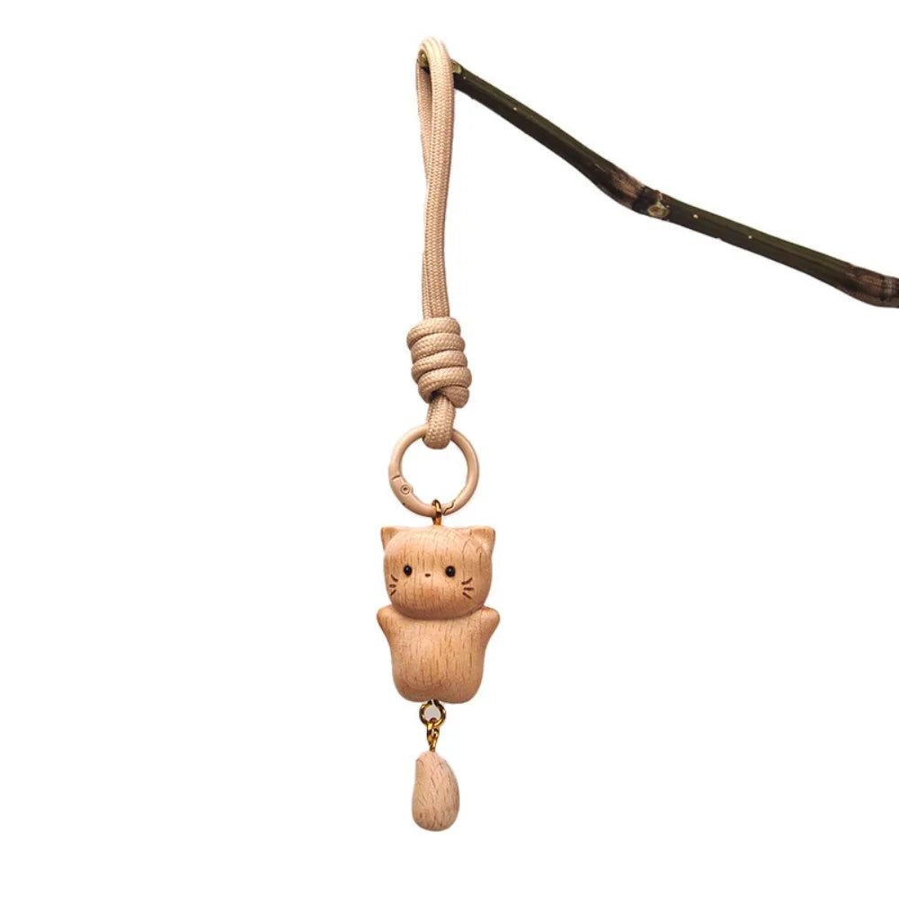 Wooden Cat Keychain Hand Carved Natural Wood Kitten Pendant Tassel Bag Charm Cute Animal Car Hanging Ornament Gift