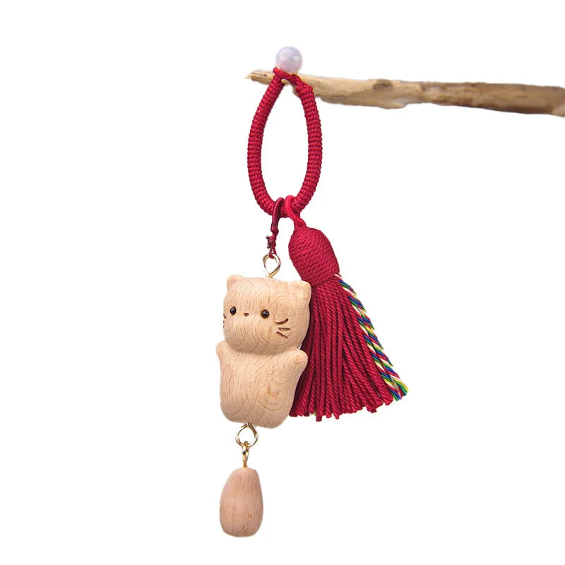 Wooden Cat Keychain Hand Carved Natural Wood Kitten Pendant Tassel Bag Charm Cute Animal Car Hanging Ornament Gift