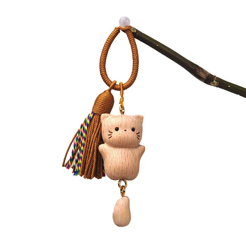 Wooden Cat Keychain Hand Carved Natural Wood Kitten Pendant Tassel Bag Charm Cute Animal Car Hanging Ornament Gift