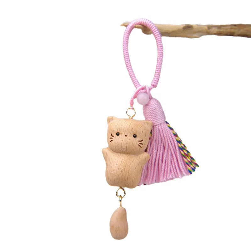 Wooden Cat Keychain Hand Carved Natural Wood Kitten Pendant Tassel Bag Charm Cute Animal Car Hanging Ornament Gift