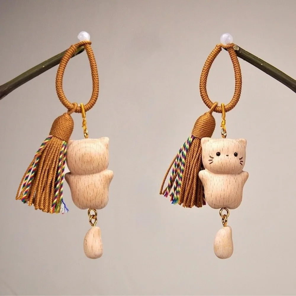 Wooden Cat Keychain Hand Carved Natural Wood Kitten Pendant Tassel Bag Charm Cute Animal Car Hanging Ornament Gift