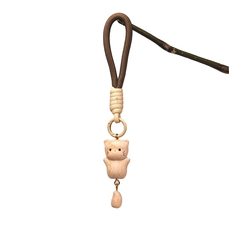 Wooden Cat Keychain Hand Carved Natural Wood Kitten Pendant Tassel Bag Charm Cute Animal Car Hanging Ornament Gift
