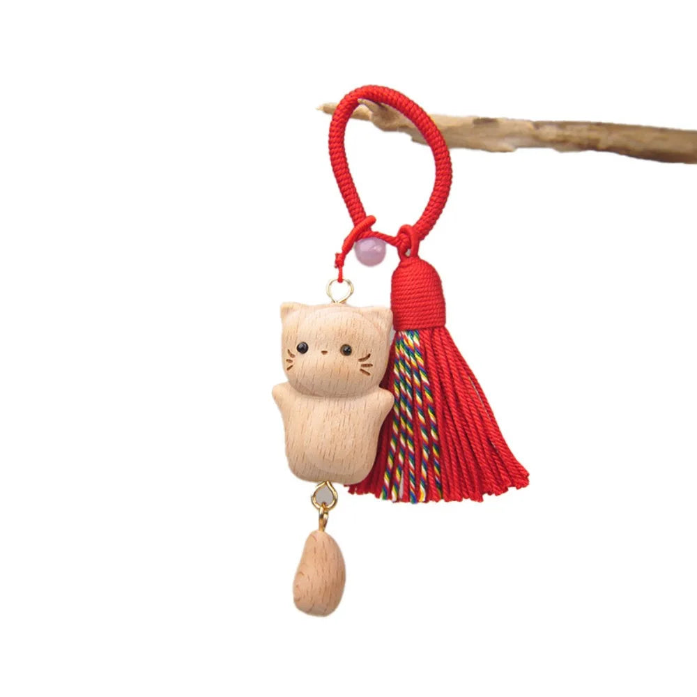Wooden Cat Keychain Hand Carved Natural Wood Kitten Pendant Tassel Bag Charm Cute Animal Car Hanging Ornament Gift