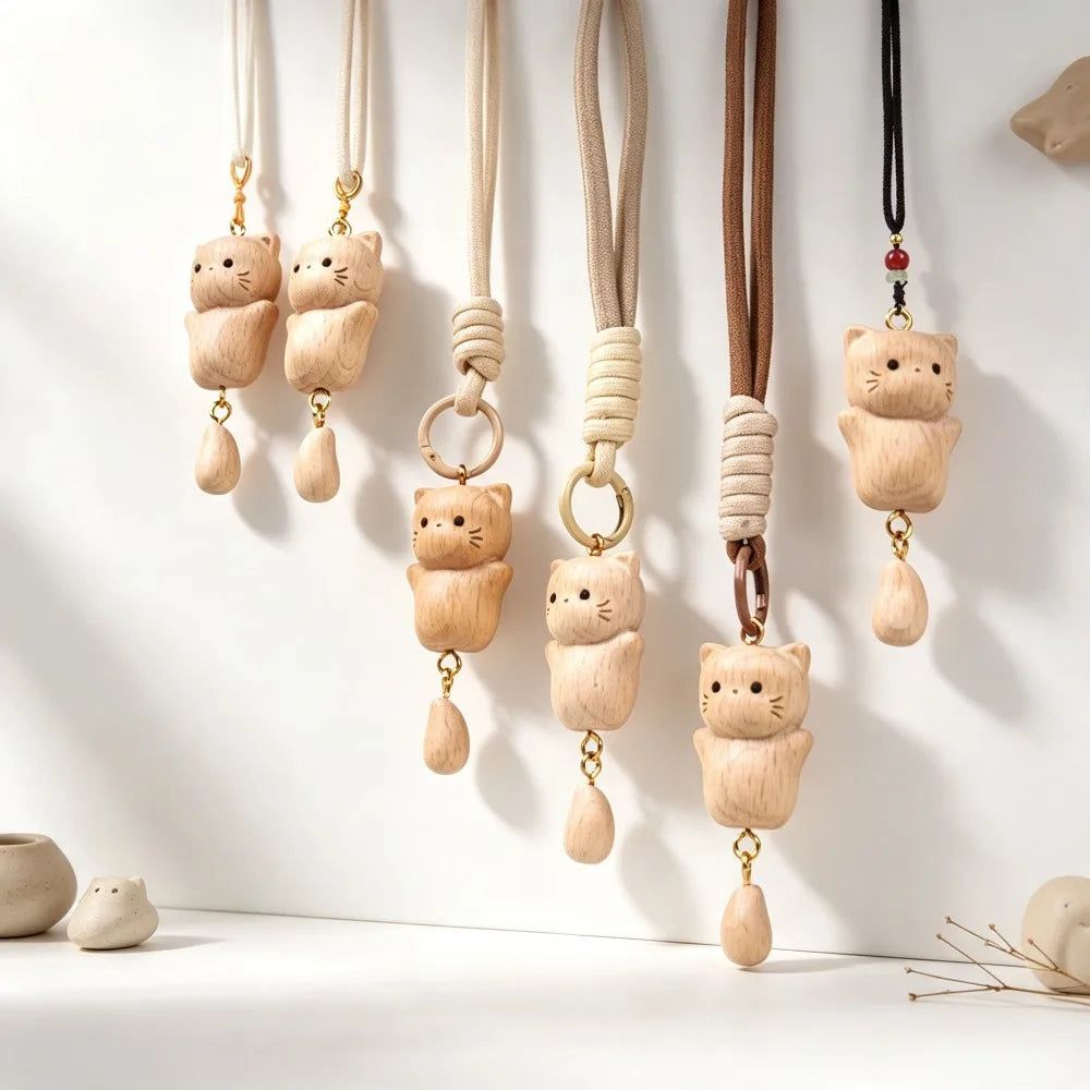 Wooden Cat Keychain Hand Carved Natural Wood Kitten Pendant Tassel Bag Charm Cute Animal Car Hanging Ornament Gift