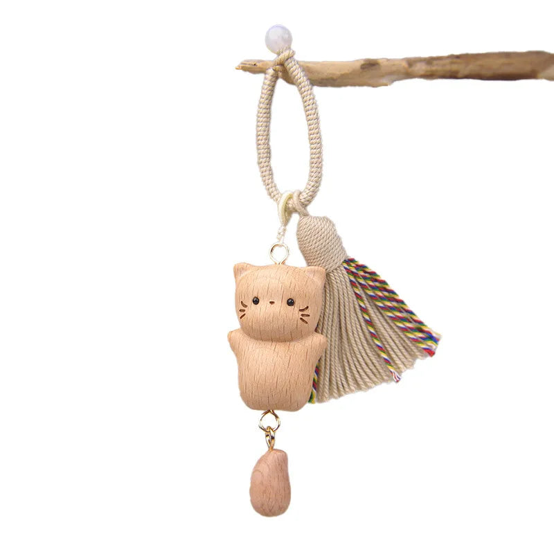 Wooden Cat Keychain Hand Carved Natural Wood Kitten Pendant Tassel Bag Charm Cute Animal Car Hanging Ornament Gift