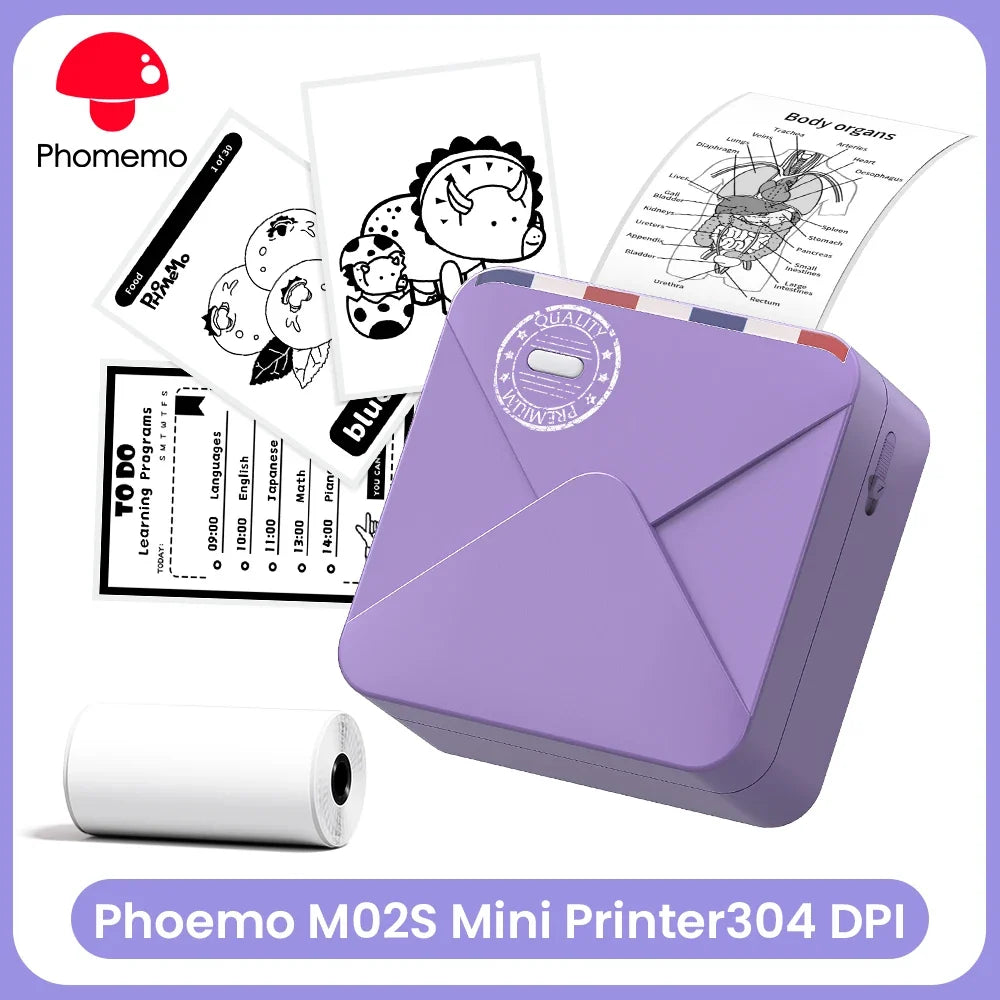 Portable Printer Phomemo M02S Thermal Mini Printer 300dpi Inkless Pocket Printer Compatible 15/25/53mm Sizes Self-Adhesive Paper